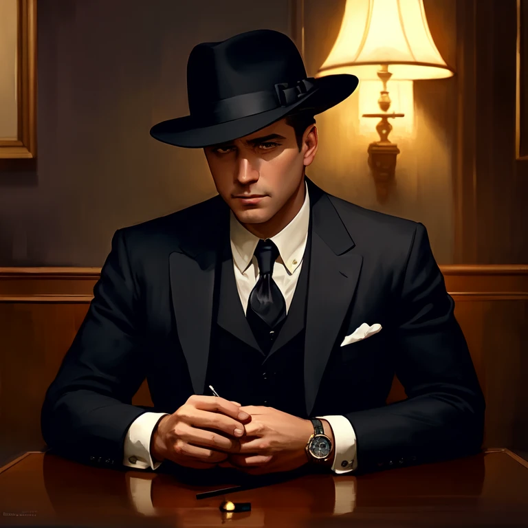 (masterpiece,best quality: 1.2), detailed face, (muted colours:1.2, dark studio, rim lighting, two tone lighting, dimly lit, low key, <lora:epiNoiseoffset_v2:1>),
a poster for a 1930s \(style\), noir detective movie,(noir atmosphere:1), gloomy atmosphere, emphasis on noir colors,
the 1930s (/style/), man sitting at table ,a private detective wore detective suit,
trending on ArtStation, trending on CGSociety, Intricate, High Detail, dramatic, photorealistic painting art by midjourney and greg rutkowski,