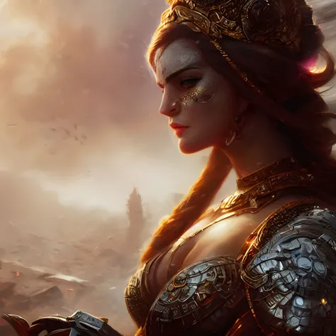 well lit face of proud warrior queen, bright makeup, babylonian jewelry, close-up, fantasy art, in the style of greg rutkowski, illustration, epic, fantasy, intricate, hyper detailed, artstation, concept art, smooth, sharp focus, ray tracing, profile shot, rim light, sunset, magic