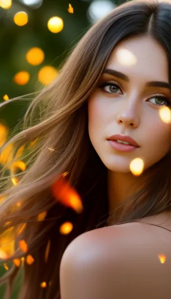 masterpiece, best quality, 1girl, ((Raw amateur candid photography)), (nude :1.2) seductive beautiful french woman, visible skin structure, long brown hair and dress of fireflies in the background. In style by Annie Leibovitz - n 4 " s 150MP 50mm f/2 sunrise" iso 100 lights low angle 35 mm lens shallow depth focus blur bokeh natural light photograph 8k imax quality color scheme with detailed features : incredibly real, rim light, natural colors, flower decoration, hair flowing with wind, skin slightly dirty