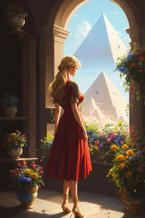MYTHRA \(XENOBLADE\), modelshoot style, (extremely detailed CG unity 8k wallpaper), full shot body photo of the most beautiful artwork in the world, blonde hair, green vale, red dress, pearl skin, golden jewel, diamonds, egypt pyramid, professional majestic oil painting by Ed Blinkey, Atey Ghailan, Studio Ghibli, by Jeremy Mann, Greg Manchess, Antonio Moro, trending on ArtStation, trending on CGSociety, Intricate, High Detail, Sharp focus, dramatic, photorealistic painting art by midjourney and greg rutkowski, grass, blue eyes, platinun, silver, potted plant,