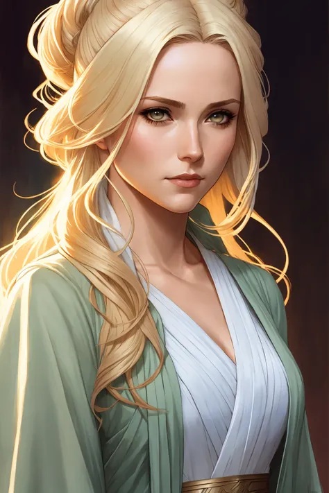 a female Jedi, blonde hair, comic illustration, half length portrait, by Siya Oum, Abigail Larson, pastel color,
best quality,masterpiece,4K, highly detailed, photo, photorealistic,