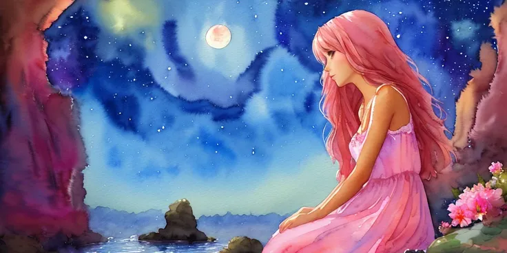 (((water color))), digital painting, girl in a flowery dress sitting on a rock at midnight, masterpiece, soft lighting, 8k, high resolution, piece of art, ((tanned skin)), long pink hair, small breasts, hair decorations, detailed background, stars, full moon, looking out window, reflection, extremely detailed, fantasy, alone, stargazing, dark