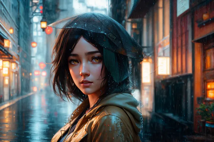 (extremely detailed CG unity 8k wallpaper), looking towards viewer, girl, caucasian, hoodie, alley, most gritty and detailed artwork in the world, rainy day, rain, droplets, water, dark, ruin, professional majestic oil painting by Ed Blinkey, Atey Ghailan, by Jeremy Mann, Greg Manchess, Antonio Moro, trending on ArtStation, trending on CGSociety, Intricate, High Detail, Sharp focus, dramatic, photorealistic painting art by midjourney and greg rutkowski