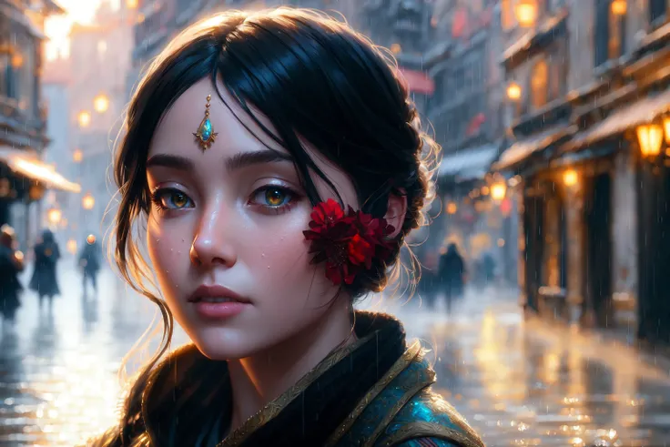 (extremely detailed CG unity 8k wallpaper), most beautiful artwork in the world, medieval street, people walking, rainy day, water, droplets, reflective surfaces, reflections, shopping, everyday life, shops, trading, professional majestic oil painting by Ed Blinkey, Atey Ghailan, Studio Ghibli, by Jeremy Mann, Greg Manchess, Antonio Moro, trending on ArtStation, trending on CGSociety, Intricate, High Detail, Sharp focus, dramatic, photorealistic painting art by midjourney and greg rutkowski