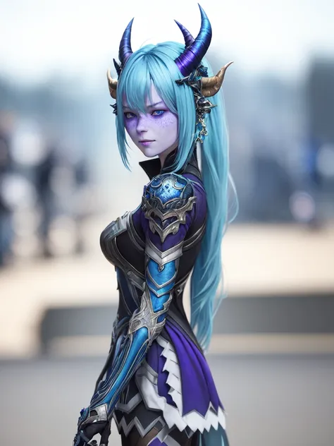 blue skin color, purple diadem,1girl, blurry, blurry_background, blurry_foreground, boots, closed_eyes, colored_skin, depth_of_field, facing_viewer, full_body, grey_skin, horns, motion_blur, outdoors, photo_background, solo, standing,, complex 3d render ultra detailed, 150 mm, beautiful studio soft light, rim light, vibrant details, luxurious, lace, hyperrealistic, anatomical, facial muscles, elegant, beautiful background, octane render, H. R. Giger style, 8k, best quality, masterpiece, illustration, extremely detailed ,CG ,unity ,wallpaper, (realistic, photo-realistic:1.37),Amazing, finely detail, masterpiece,best quality,official art, extremely detailed CG unity 8k wallpaper, absurdres, incredibly absurdres,