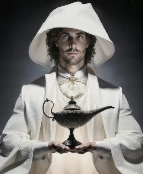 a man holding a black magical lamp <lora:genielamp:1>,white coat,photorealistic, perfect face, deviantart hd, artstation hd, concept art, detailed face and body, award-winning photography, margins, (detailed face:1.6), detailed hands,backlight,12k ultrarealistic, ray tracing, cinematic lighting, art by Grzegorz Rutkowski