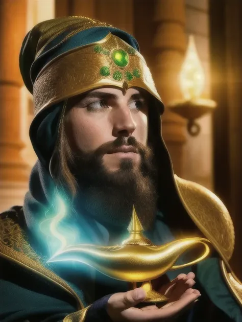 a wizard holding a gold and green magic lamp <lora:genielamp6:1> ,photorealistic, perfect face, deviantart hd, artstation hd, concept art, detailed face and body, award-winning photography, margins, (detailed face:1.6), detailed hands,backlight,12k ultrarealistic, ray tracing, cinematic lighting, art by Grzegorz Rutkowski,
