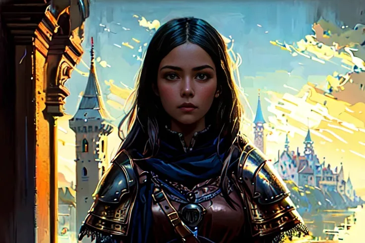 (8k, best quality, masterpiece:1.2),(best quality:1.0), (ultra highres:1.0),modelshoot style, (extremely detailed CG unity 8k wallpaper), full shot body photo of the most beautiful artwork in the world, medieval armor, castle, flags, professional majestic oil painting by Ed Blinkey, Atey Ghailan, Studio Ghibli, by Jeremy Mann, Greg Manchess, Antonio Moro, trending on ArtStation, trending on CGSociety, Intricate, High Detail, Sharp focus, dramatic, photorealistic painting art by midjourney and greg rutkowski,ultra-detailed,a young girl,looking at the viewer,((slim,fit))