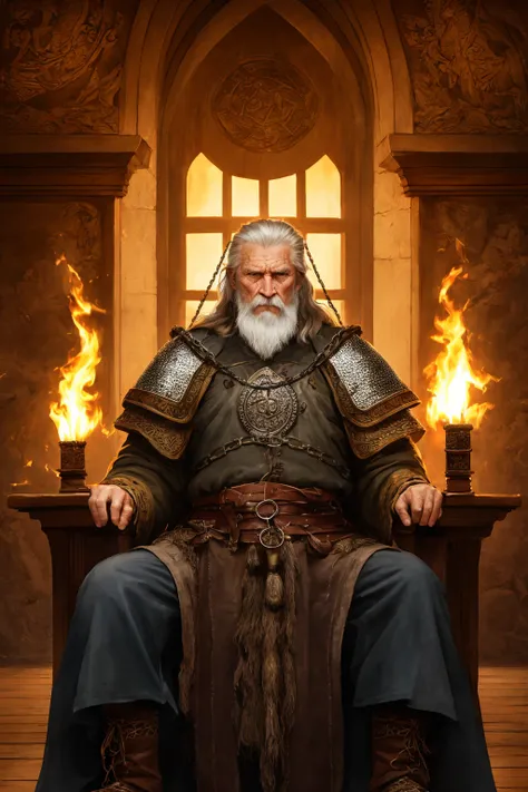 Highest quality, masterpiece, photorealistic, medium shot, RAW photo, of (a weary-looking but still proud and fierce-looking old Viking warrior, now the leader of his village, dressed in elaborately detailed chain mail and leather armour, sitting on a carved wooden throne furrowed with Viking runes and symbols, in the village meeting hall, on his lap rests an elaborately carved and beautifully crafted longsword, a few torches burn on the walls, giving the scene a dark atmosphere but sculpting the forms in sharp chiaroscuro), it is night time, (highly detailed skin), skin texture, (detailed face), detailed background, sharp focus, dark lighting, twilight lighting, volumetric lighting, highly detailed, intricate details, 8k, highly detailed, UHD, HDR
