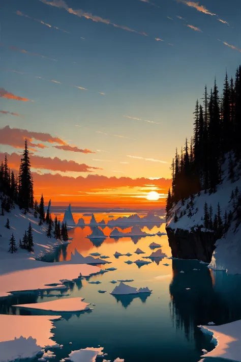 (extremely detailed CG unity 8k wallpaper),
A powerful and dramatic scene set at sunset, capturing the stark contrast between a (collapsing iceberg:1.2) and a thriving, (lush forest:1.2); the painting conveys a message of transformation and rebirth in the face of climate change, as the Arctic ice melts, and the glowing warmth of the setting sun bathes the landscape in a golden light; focusing on the interplay between warm oranges and reds of the sunset against the cool blues and icy whites of the melting glacier, and the vibrant greens of the flourishing forest, depicted in a high-definition,
professional majestic oil painting by Ed Blinkey, Atey Ghailan, Studio Ghibli, by Jeremy Mann, Greg Manchess, Antonio Moro, trending on ArtStation, trending on CGSociety, Intricate, High Detail, Sharp focus, dramatic, photorealistic painting art by midjourney and greg rutkowski