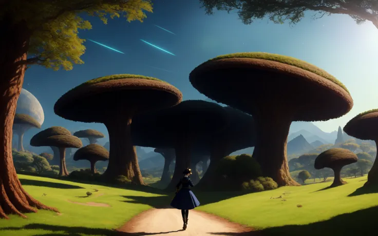 Award winning piece by Thomas Kinkade and by Rembrandt. A mural of a panoramic cinematic letterbox vista featuring zendaya with black hair in a bun, slender figure, detailed soft velvety skin. BREAK sparkling expressive eyes, pretty heart-shaped face, full cupid's bow lips and Wearing navy blue sci-fi uniform with gold filigree and black trim, exploring an alien savanna on a distant planet. Cinematic letterbox vista of an alien world; giant mushrooms, flying lizards, eldritch insectile aliens roaming a breathtaking savanna under a green sky in the background. BREAK Extraordinary detail, intricately detailed, smooth, sharp focus, cinematic lighting, 8K ultra hi-def, ray tracing. Walking away from the camera. <lora:epiNoiseoffset_v2:1>