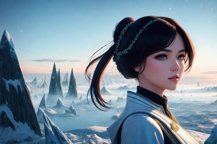 RAW,  masterpiece , ultra detailed photograph , (8k, RAW photo:1.2) , best quality, ultra high res, photorealistic ,  sunlight   , full body portrait, stunningly beautiful , (   leblanc \(league of legends\)     ), dynamic posing,   wearing Thermal regulating clothing  , (  bun head, twintails  : 1.2 ) ,  ( flawless anatomy), , (detailed face), vibrant eyes  ,  (view from_sides  ) ,    She manipulated reality, masterful illusionist    ,  at [ A frozen tundra ruled by fierce ice giants and filled with treacherous ice floes and blizzards : A network of wormholes used for faster-than-light travel : 0.75 ]  , ( very detailed background, detailed face, detailed complex busy background : 0.8 ) , messy, ornate,  Opalescent colors , ((high detailed skin, realistic skin details)), (visible pores : 0.3) ,  sharp focus, volumetric fog, 8k uhd, dslr, high quality, film grain,    fair skin, photorealism, lomography ,  at (   A sprawling metropolis in a future dystopia   ),  view from below ,  translucency ,   (HDR:1.2)