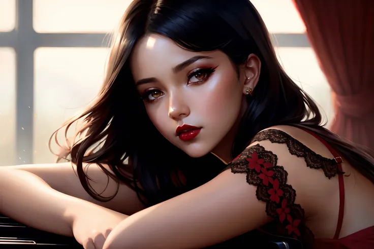 (8k, best quality, masterpiece:1.2), (best quality:1.0), (ultra highres:1.0), modelshoot style, (extremely detailed CG unity 8k wallpaper), full shot body photo of girl (dark skin), lying down in a piano, black hair, elbow gloves, red footwear, black gloves, long hair, high heels, black thighhighs, makeup, navel, choker, instrument, hair ornament, looking at viewer, lipstick, red lips, hair flower, curtains, lace, brown eyes, eyeshadow, lace trimmed legwear, professional majestic oil painting by Ed Blinkey, Atey Ghailan, Studio Ghibli, by Jeremy Mann, Greg Manchess, Antonio Moro, trending on ArtStation, trending on CGSociety, Intricate, High Detail, Sharp focus, dramatic, photorealistic painting art by midjourney and greg rutkowski,ultra-detailed,a young girl,looking at the viewer,((slim,fit))