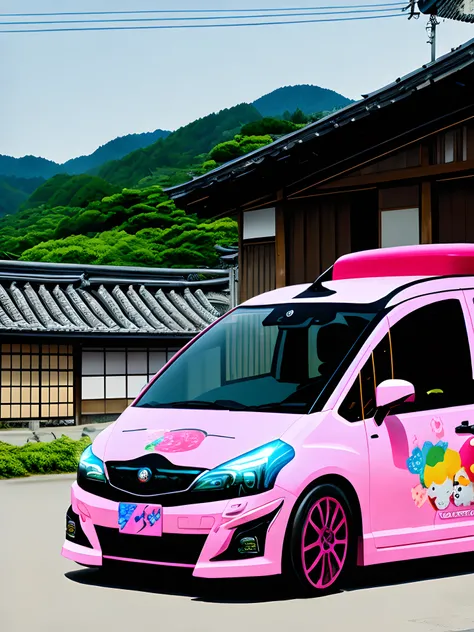 realistic, photograph, wide-angle photo of a pink itasha probox in the japanese countryside, van, Itasha, anime livery, anime stickers
