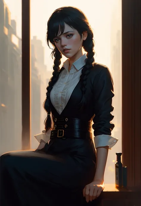 wed_ad_2, ((skinny)), ((pale skin)), balance, (((bright))), light on face, ((2 braids hair)), (((natural day light))), ((uniform)), intricate, 8k, (((black clothing))), highly detailed, (extremely detailed CG unity 8k wallpaper), Hyperrealistic full shot body image, beautiful (skinny), trending on CGSociety, Intricate, High Detail, Sharp focus, digital painting, intense, modelshoot style, (extremely detailed CG unity 8k wallpaper), full shot body photo of the most beautiful artwork in the world, pearl skin, professional majestic oil painting by Ed Blinkey, Atey Ghailan, Studio Ghibli, by Jeremy Mann, Greg Manchess, Antonio Moro, trending on ArtStation, trending on CGSociety, Intricate, High Detail, Sharp focus, dramatic, photorealistic painting art by midjourney and greg Rutkowski