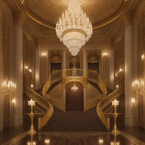 A grand ballroom with a sweeping staircase, its walls covered in intricate metalwork details and illuminated by gleaming chandeliers. The space is filled with plush velvet seating and gilded accents, Monochromatic, Proportion, front light, reflected light, effect light, <lora:epiNoiseoffset_v2Pynoise:2>