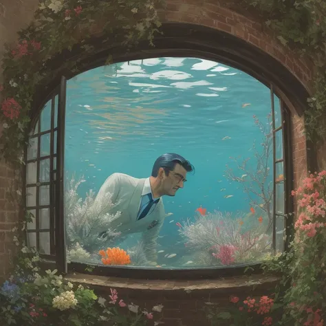 Rear Window, Gregory Peck, Underwater, Floral, <lora:epiNoiseoffset_v2Pynoise:2>