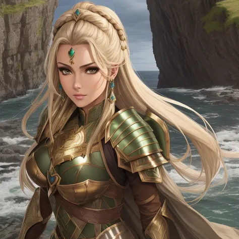 Kusari Armor, Luminary, Tall, Skinny, Heart-Shaped Face, Olive Skin, Blonde Hair, Brown Eyes with Green Flecks, Straight Nose, Full Lips, Prominent Chin, Shoulder-Length Hair, Fine Hair, Formal Updo, round breasts, Faux gauge earrings, A dramatic cliffside with rough waters below, <lora:epiNoiseoffset_v2Pynoise:2>
