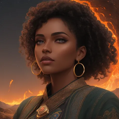 portrait, A landscape where the sky is made of fire and the ground is made of water, Miss, Average Height, Skinny, Triangular Face, Dark Skin, Dark Brown Hair, Blue Eyes with Green Flecks, Short Nose, Pouty Lips, Receding Chin, Long Hair, Curly Hair, Donut Bun, augmented breasts, Hoop earrings, Digital Art, <lora:epiNoiseoffset_v2Pynoise:2>