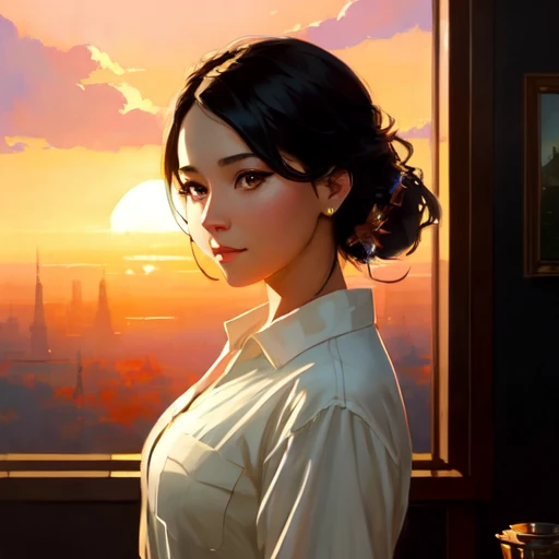 (extremely detailed CG unity 8k wallpaper), portrait of a beautiful woman, sunset, professional majestic oil painting by Ed Blinkey, Atey Ghailan, Studio Ghibli, by Jeremy Mann, Greg Manchess, Antonio Moro, trending on ArtStation, trending on CGSociety, Intricate, High Detail, Sharp focus, dramatic, photorealistic painting art by midjourney and greg rutkowski