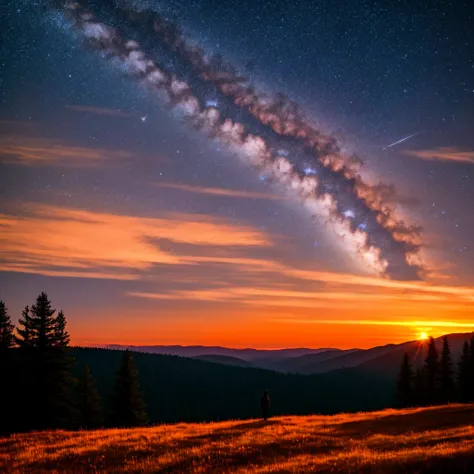 As darkness falls, the stars come out, twinkling like diamonds in the sky. The air is crisp and clean, filled with the scent of pine and the distant roar of a waterfall. In the distance, a lone figure stands atop a hill, silhouetted against the fiery orange of the setting sun, HDR, UHD, 64K