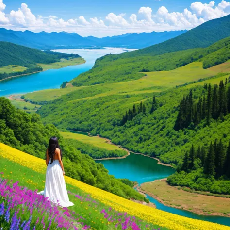She stands in the midst of a breathtaking landscape, her long hair blowing gently in the breeze. The sun casts a warm glow on her skin, which is bronzed and radiant from the light. The woman is tall and graceful, with curves that accentuate her feminine figure. Her eyes are a bright and piercing blue, filled with a sense of wonder and curiosity.
The scenery around her is equally stunning, with rolling hills and mountains that stretch as far as the eye can see. Wildflowers bloom in vibrant colors at her feet, and a crystal-clear river runs nearby, its waters reflecting the sunlight in shimmering ripples. The air is cool and crisp, carrying the scent of pine and earth on the wind.
The woman seems to be lost in thought, taking in the natural beauty around her with a sense of awe and wonder. Her hands are clasped loosely at her sides, and a small smile plays at the corners of her lips. She seems at peace here, as if the world and all its troubles have fallen away, leaving only the beauty of nature and the joy it bring, HDR, UHD, 64K