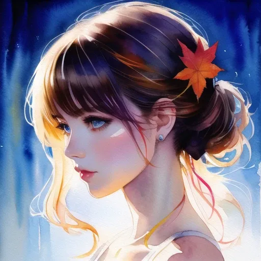 (8k, best quality, masterpiece:1.2),(best quality:1.0), (ultra highres:1.0), watercolor, half body portrait, a beautiful woman, shoulder, hair ribbons, by agnes cecile, extremely luminous bright design, pastel colors, (ink:1.3), autumn lights