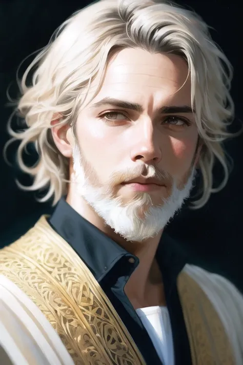 (masterpiece), (extremely intricate), photorealistic photo of a handsome male wizard, short beard, white wizard shirt with golden trim, white robe moving in the wind, long white hair, fully clothed, perfect face, handsome, (perfect composition:1.4), deviantart hd, artstation hd, concept art, detailed face and body, award-winning photography, margins, detailed face, professional oil painting by Ed Blinkey, Atey Ghailan, Jeremy Mann, Greg Manchess, Alex Gray, trending on ArtStation,  trending on CGSociety, intricate, high detail, sharp focus, dramatic, award winning matte drawing cinematic lighting octane render unreal engine volumetrics dtx