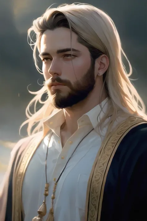 (masterpiece), (extremely intricate), photorealistic photo of a handsome male wizard, short beard, white wizard shirt with golden trim, white robe moving in the wind, long white hair, fully clothed, perfect face, handsome, (perfect composition:1.4), deviantart hd, artstation hd, concept art, detailed face and body, award-winning photography, margins, detailed face, professional oil painting by Ed Blinkey, Atey Ghailan, Jeremy Mann, Greg Manchess, Alex Gray, trending on ArtStation, trending on CGSociety, intricate, high detail, sharp focus, dramatic, award winning matte drawing cinematic lighting octane render unreal engine volumetrics dtx