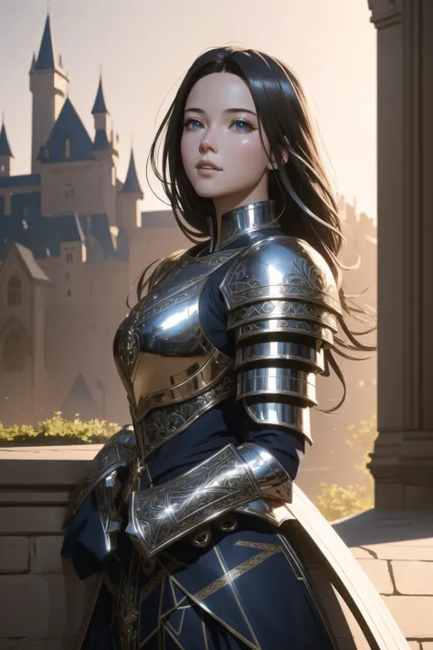 (masterpiece), (extremely intricate:1.3), (realistic), portrait of a girl, the most beautiful artwork in the world, (medieval armor), metal reflections, upper body, outdoors, intense sunlight, far away castle, professional oil painting of a stunning woman by Ed Blinkey and Atey Ghailan and Jeremy Mann and Greg Rutkowski, detailed, sharp focus, dramatic, award winning, matte drawing, cinematic lighting, octane render, unreal engine, volumetrics dtx