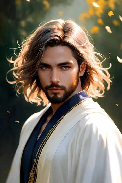 (masterpiece), (extremely intricate), photorealistic photo of a handsome male wizard, short beard, white wizard shirt with golden trim, white robe moving in the wind, long white hair, fully clothed, perfect face, handsome, (perfect composition:1.4), deviantart hd, artstation hd, concept art, detailed face and body, award-winning photography, margins, detailed face, professional oil painting by Ed Blinkey, Atey Ghailan, Jeremy Mann, Greg Manchess, Alex Gray, trending on ArtStation, trending on CGSociety, intricate, high detail, sharp focus, dramatic, award winning matte drawing cinematic lighting octane render unreal engine volumetrics dtx