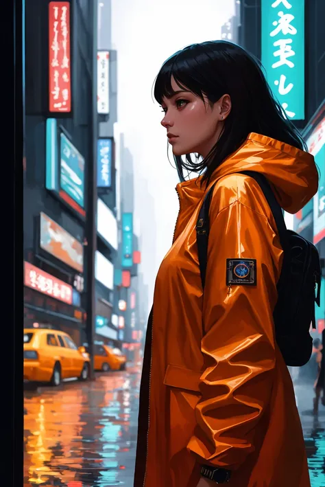 upper body shot photo of the most beautiful artwork in the world featuring a modern female girl, sexy, big eyes, urban tokyo futuristic look, neon lights, night, slow motion, reflections, orange raincoat, intricate detail, nostalgia, heart professional majestic oil painting by Ed Blinkey, Atey Ghailan, Studio Ghibli, by Jeremy Mann, Greg Manchess, Antonio Moro, trending on ArtStation, trending on CGSociety, Intricate, High Detail, Sharp focus, dramatic, photorealistic painting art by midjourney and greg rutkowski