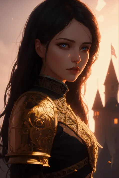 (masterpiece), (extremely intricate:1.3), (realistic), portrait of a girl, the most beautiful artwork in the world, (medieval armor), metal reflections, upper body, outdoors, intense sunlight, far away castle, professional oil painting of a stunning woman by Ed Blinkey and Atey Ghailan and Jeremy Mann and Greg Rutkowski, detailed, sharp focus, dramatic, award winning, matte drawing, cinematic lighting, octane render, unreal engine, volumetrics dtx