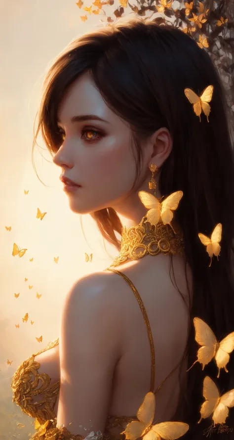 8k portrait of beautiful cyborg with brown hair, intricate, elegant, highly detailed, majestic, digital photography, art by artgerm and ruan jia and greg rutkowski surreal painting gold butterfly filigree, broken glass, (masterpiece, sidelighting, finely detailed beautiful eyes: 1.2), hdr