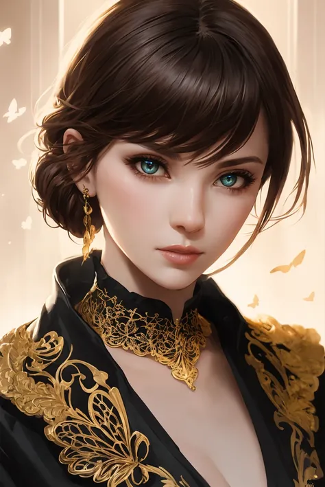 8k portrait of beautiful cyborg with brown hair, intricate, elegant, highly detailed, majestic, digital photography, art by artgerm and ruan jia and greg rutkowski surreal painting gold butterfly filigree, broken glass, (masterpiece, sidelighting, finely detailed beautiful eyes: 1.2), hdr