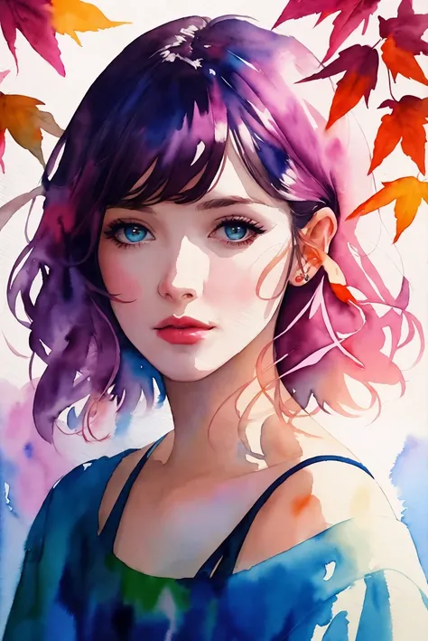 (8k, best quality, masterpiece:1.2),(best quality:1.0), (ultra highres:1.0), watercolor, a beautiful woman, shoulder, hair ribbons, by agnes cecile, half body portrait, extremely luminous bright design, pastel colors, (ink:1.3), autumn lights