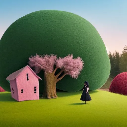 felt, 1girl, tree, solo, dress, black hair, house, pink dress, bush, grass, building<hypernet:felt:1>