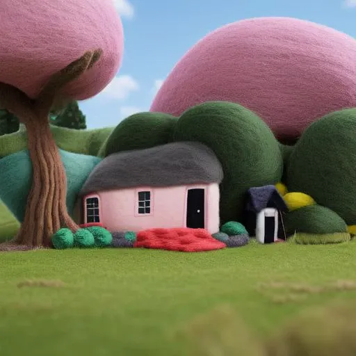 felt, 1girl, tree, solo, dress, black hair, house, pink dress, bush, grass, building<hypernet:felt:1>