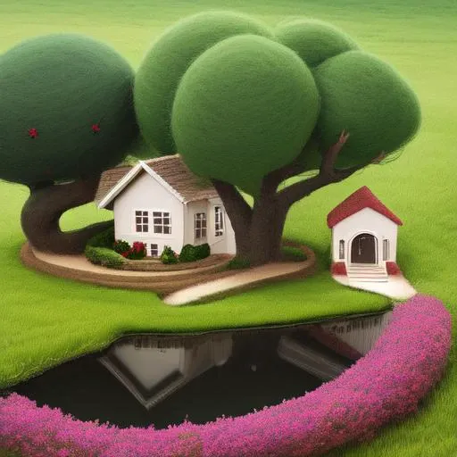 felt, 1girl, tree, solo, dress, black hair, house, pink dress, bush, grass, building<hypernet:felt:1>