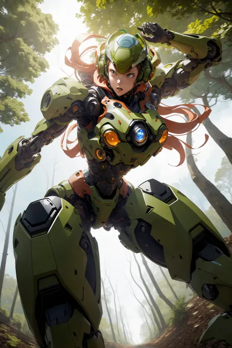1girl cyborg, helmet, armor,  in the forest, green painting,  mecha,   robort 
(jump, leaning forward,) motion blur, winds , wind blown smokes, blood splashes 
science fiction, fire, laser canon beam, explosions, perspective, from below, 
anime style, line art, flat color, vector art, high contrast,  by jim lee
   <lora:FINAL  Robort:0.8>