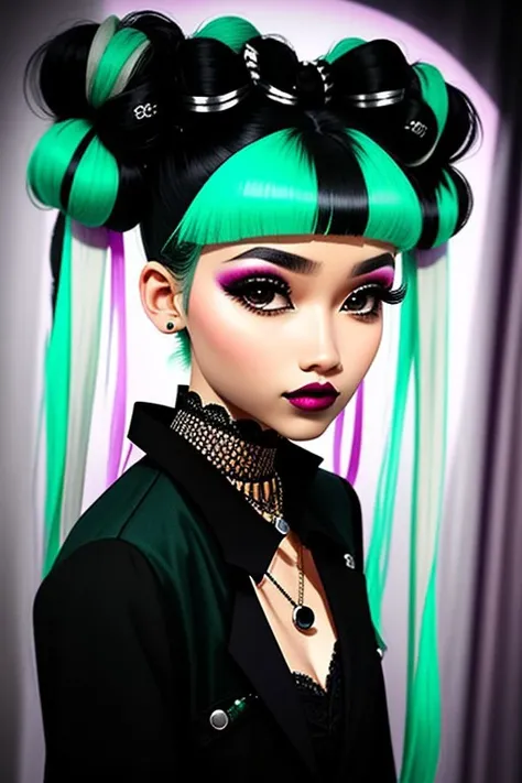 <lora:Lofi_Pastel-10:0.7>, LoFi Aesthetic, masterpiece, best quality, 1girl, solo, long hair, twin tails, hair buns, multicolored hair,two-tone hair, white hair, green hair, black hair,bangs, makeup, black lips, lipstick, mascara, eyeshadow, cross necklace, hair bow, front bow, lace jacket, lace gloves, fishnets, black leggings, gothic attire, dynamic angle, side lighting, shiny skin, detailed eyes, detailed face,