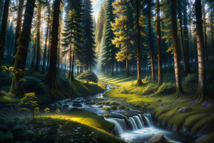 aerial, ultra wide, wide open, landscape, fantasy, trees, realistic, stars, stream, forest, high quality, masterpiece, sharp focus, highly detailed, photo, magic, night, glowing, moonlight, hdr, (intricate details, hyperdetailed:1.15), (natural skin texture, hyperrealism, soft light, sharp:1.2),