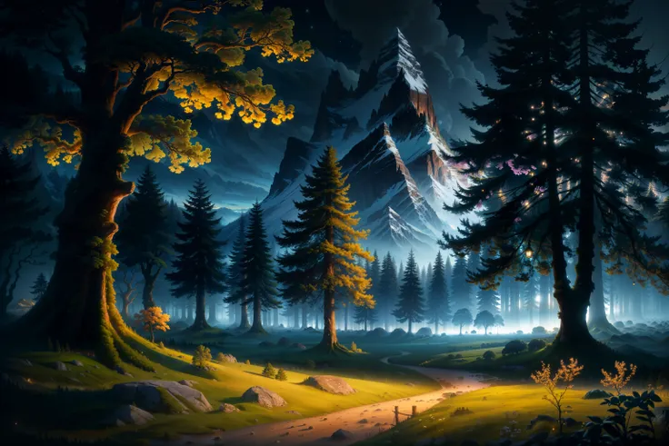 ultra-wide, landscape, fantasy, trees, realistic, high quality, masterpiece, sharp focus, highly detailed, photo, magic, night, glowing, moonlight,