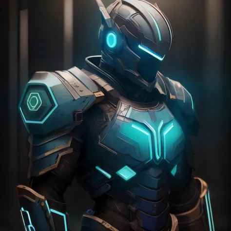 ((best quality)), ((masterpiece)), ((realistic)) masterpiece, best quality,1boy,armorsuit,(full black armor, blue neon effects), cinematic background,upper body, looking at viewer, no helmet <lora:ArmorSuit_v1:0.7>