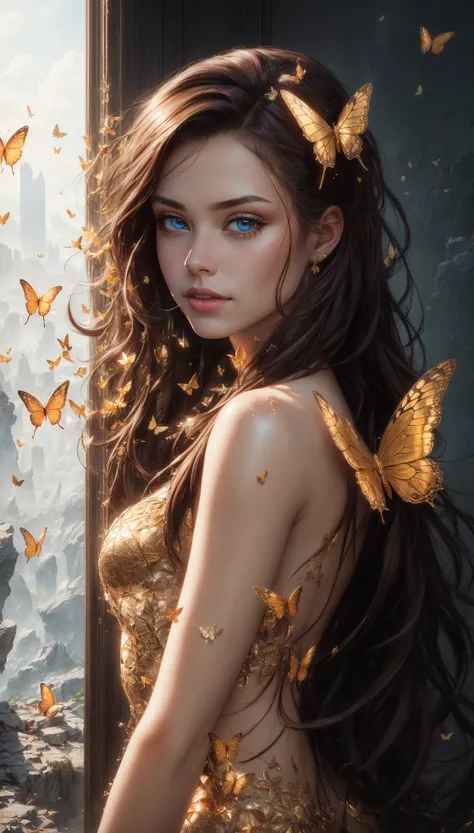 8k portrait of beautiful cyborg with brown hair, intricate, elegant, highly detailed, majestic, digital photography, art by artgerm and ruan jia and greg rutkowski surreal painting gold butterfly filigree, broken glass, (masterpiece, sidelighting, finely detailed beautiful eyes: 1.2), hdr, <lora:more_details:0.2>