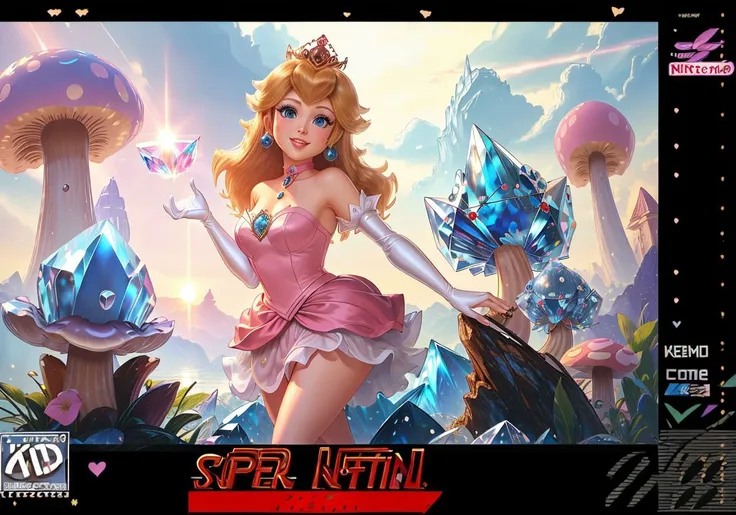 highres,masterpiece,perfect ligthing,bloom,cinematic lighting,adult,perfect skin,female,cowboy shot,smile,narrow waist,skinny,1980s /(style/),((<lora:SnesBoxArtV1>)),(cover),(English text),(logo),<lora:PrincessPeachMovie:0.6>,(PrincessPeach),choker,detailled eyes,blue eyes,choker,sensual,mushrooms,mushroom kingdom,pink lips,((glossy lips)),pursed lips,(box art),pink pumps,glossy skin,oily skin,beautiful light,(day:1.3),bright,looking at viewer,<lora:CrystallineAI-000009:1>,crystallineAI dress,