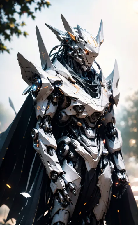 cgmech, (realistic)
solo, white mecha robot, cape, science fiction, torn clothes, glowing, standing, robot joints, mecha, armor, cowboy shot, (floating cape), intense sunlight, silver dragonborn, outdoors, landscape, nature
, ((masterpiece, best quality)),  <lora:cgmechmix_offset:1><lora:more_details:0.3>  <lora:Niji:0.5><lora:dragonborn_offset:0.7>
, volumetrics dtx, (film grain, blurry background, blurry foreground, bokeh, depth of field, motion blur:1.3)