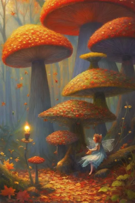 amazing Fantasy painting of a of a fairy in a [mushroom:forest:30], cat, Autumn colors, Dawn lighting, Color temperature lighting,  <lora:Fantasy_4:0.2>