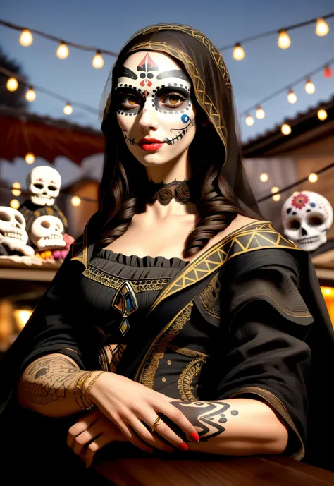 a beautiful Spanish woman, mona lisa, translucent lace veil, wearing (dia de los muertos face paint:1.15), intricate lace choker, blood red lips, photo-realistic, (3dmm style:1.1), (masterpiece, best quality), (detailed face, detailed hazel eyes, clear skin, clear eyes), portrait, photography, realistic, 8k, highly detailed, piercing, diffused soft lighting, shallow depth of field, sharp focus, cinematic lighting, bokeh
BREAK
background, out of focus, a Spanish cafe at dusk, day of the dead festival decorations,
BREAK
a single red rose in her hair
BREAK
colorful sleeve tattoos, gold rings, bracelets,