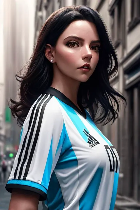 a digital oil paint of a xAnyTyJx woman, standing in a stunning pose, wear a argentina soccer shirt, black hair, epic composition, ultra realistic details, hdr, stunning details, raytrace light, sharp focus, urban landscape, focus on face